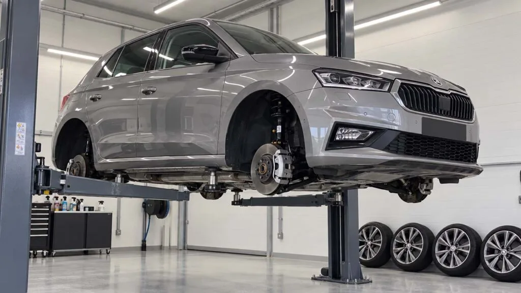 Skoda Fabia konserwacja podwozia – auto na podnośniku po zdjęciu kół