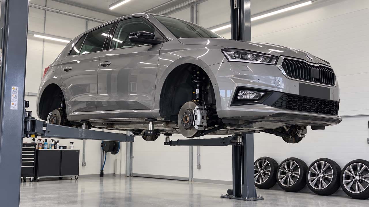 Skoda Fabia konserwacja podwozia – auto na podnośniku po zdjęciu kół