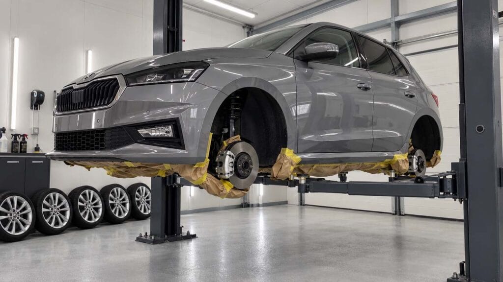 Skoda Fabia konserwacja podwozia – zamaskowane hamulce i progi